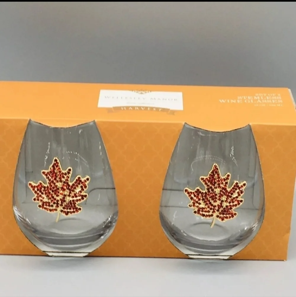 2pc Fall Thanksgiving Maple Leaf Rhinestone Jeweled Cocktail Wine Glass Set New